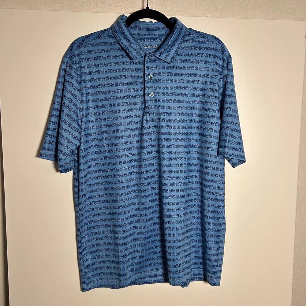 San Soleil Men's small UV 50 Short‎ Sleeve Polo Blue Drink Print Golf Outdoors